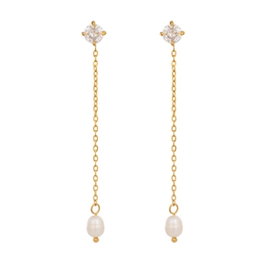 Detail of elegant gold tassel earrings with clear zircon stones and white drop pearls