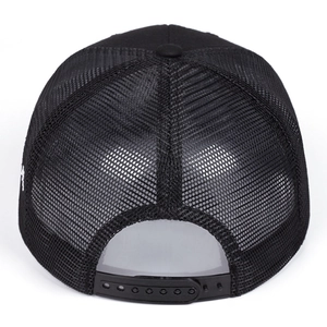 Detail view of the breathable black mesh back and adjustable snapback closure of the cap