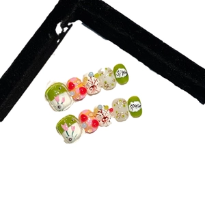 Cute short round handmade press-on nails with 3D bunny and tulip spring flower designs