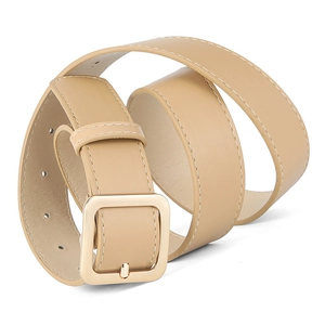 Minimalist beige leather belt with a square gold pin buckle and white stitching on white background