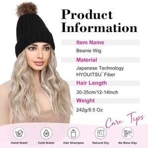 12 inch wavy blonde wig with black knit beanie and product care instruction details