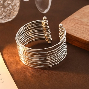 Polished silver multilayer wave C-shaped open cuff bracelet for men and women
