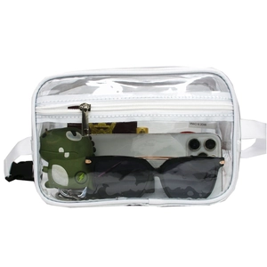 Internal view of transparent PVC waist bag showing sunglasses and mobile phone storage