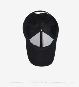 Detail view of the black baseball cap interior with mesh lining and metal buckle