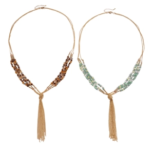Bohemian multi-layer long sweater necklace with glass beads and golden metal fringe tassels
