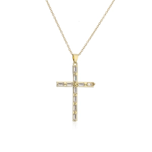 18K gold plated cross pendant necklace with baguette-cut zircon stones on fine chain