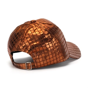 Faux leather baseball cap with metallic bronze square grid texture and adjustable buckle
