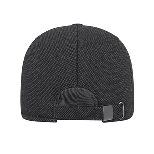 Rear view of black thermal winter baseball cap with adjustable metal strap buckle