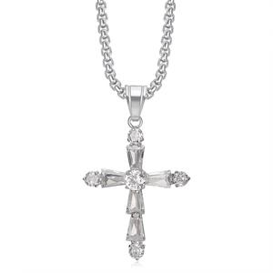 Silver stainless steel cross pendant necklace with sparkling AAA cubic zirconia inlay