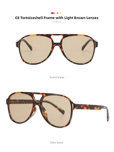 Detail view of retro pilot sunglasses in C8 tortoiseshell frame with light brown lenses