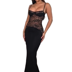 Elegant black lace patchwork backless maxi dress with floral embroidery and slim fit