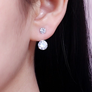 S925 silver double zircon stud earrings with crystal back-hanging style on model ear