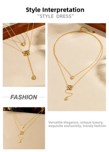 Detail of layered gold-plated necklace featuring sparkling heart and butterfly pendants