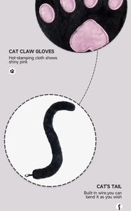 Detail of glittery hot-stamping cat gloves and adjustable plush tail with wire