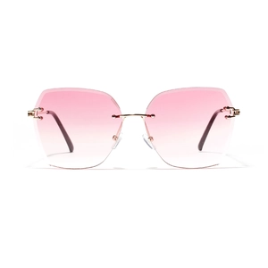 Retro rimless sunglasses for women with pink gradient lenses and golden metal temples