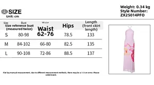 Size chart for floral halter neck maxi dress showing bust, waist, and hips in centimeters