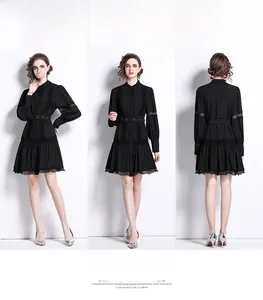 Three-angle view of black lace lantern sleeve dress showing delicate hollow embroidery