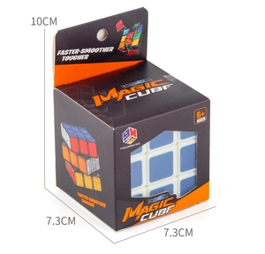 Detail view of the 3x3 educational magic cube with black and orange packaging box