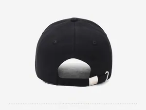 Detailed back view of a black cotton baseball cap showing adjustable strap and metal buckle