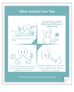 Care guide for s925 silver earrings showing cleaning tips and storage instructions