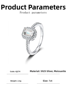 Detailed view of S925 silver ring featuring a 1ct emerald cut moissanite stone