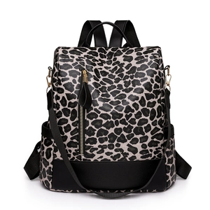 Chic leopard print backpack for women with anti-theft design and large capacity in black PU leather