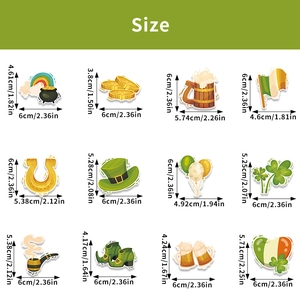 Size chart for 12 pieces of St. Patrick's Day shamrock cupcake toppers and party decorations