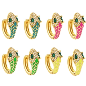 Detail of snake head hoop earrings with colorful enamel and sparkling zircon stones