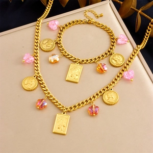Retro Stainless Steel Necklace And Bracelet Pink Heart Orange Flower Queen Portrait Coin Pendant Gold Plated Jewelry For Women