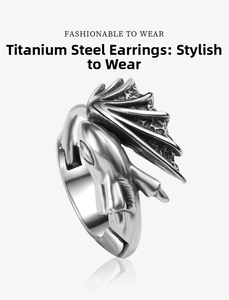Detailed macro view of a silver dragon stud earring made from durable titanium steel