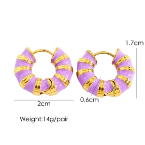 Detail view of purple enamel hoop earrings with gold spiral stripes and size dimensions