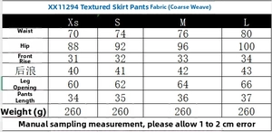 Tableau des tailles du jupe-culotte texturé avec mesures de taille et hanches en cm