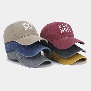 Detailed collection of washed cotton baseball caps in six colors with Dog Mom embroidery