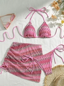 Maillot de bain 3 pièces brodé avec imprimé géométrique dégradé et paréo assorti