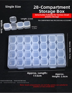 Detail of 28-grid clear storage box with detachable rows measuring 17.5x10.7x2.6cm