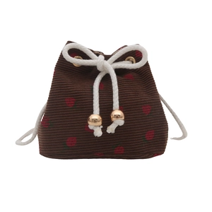 Brown corduroy drawstring bucket bag with red strawberry print and white cotton ropes