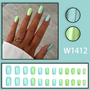 Elegant pearl gradient light blue and mint green press-on nails in medium square-oval shape