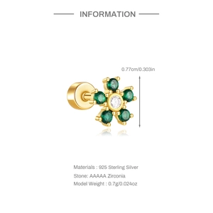 Detailed specs of S925 silver flower stud with green zirconia and 0.77cm diameter