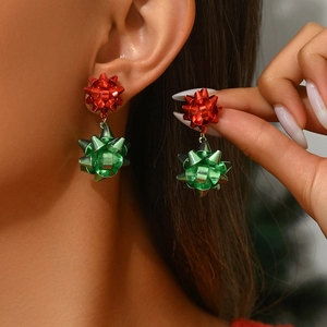 Christmas Ribbon Bow Drop Earrings Red Green Alloy Metallic Luster Festive Holiday Party Jewelry For Women