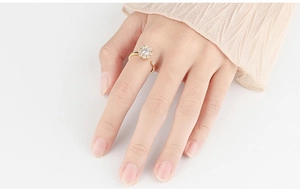 Detailed view of an adjustable golden anxiety ring featuring a round cut sparkling zircon