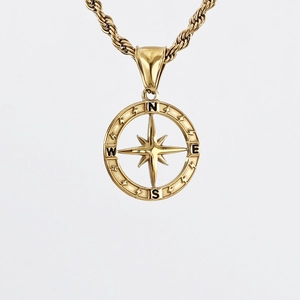 Gold plated stainless steel compass necklace with eight pointed star and twisted rope chain
