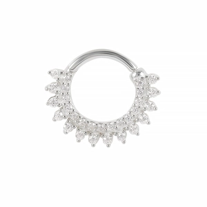 Detailed macro view of S925 sterling silver septum ring featuring double rows of clear zircons
