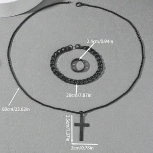 Black stainless steel jewelry set featuring cross pendant necklace, bracelet, and wide ring