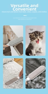Detail view of static lint brush cleaning pet hair from sofa bed and carpet surfaces
