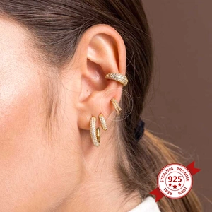 Double-layered 925 silver C-shaped gold hoop earrings with sparkling micro-pave zirconia