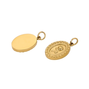Oval rose embossed stainless steel pendant with matte gold finish for DIY jewelry