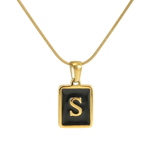 Golden stainless steel snake chain necklace with square black enamel letter S pendant