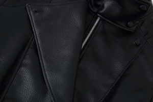 Detailed close-up of collar and zipper on premium black faux leather jacket for women