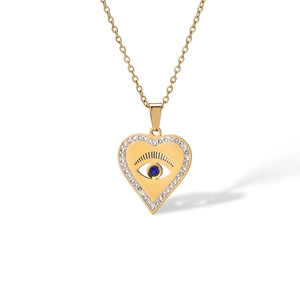 Gold plated stainless steel heart necklace with blue evil eye pendant and crystal pave