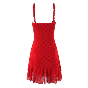 Robe courte rouge en tulle avec imprimé cœur et bretelles à volants pour femme